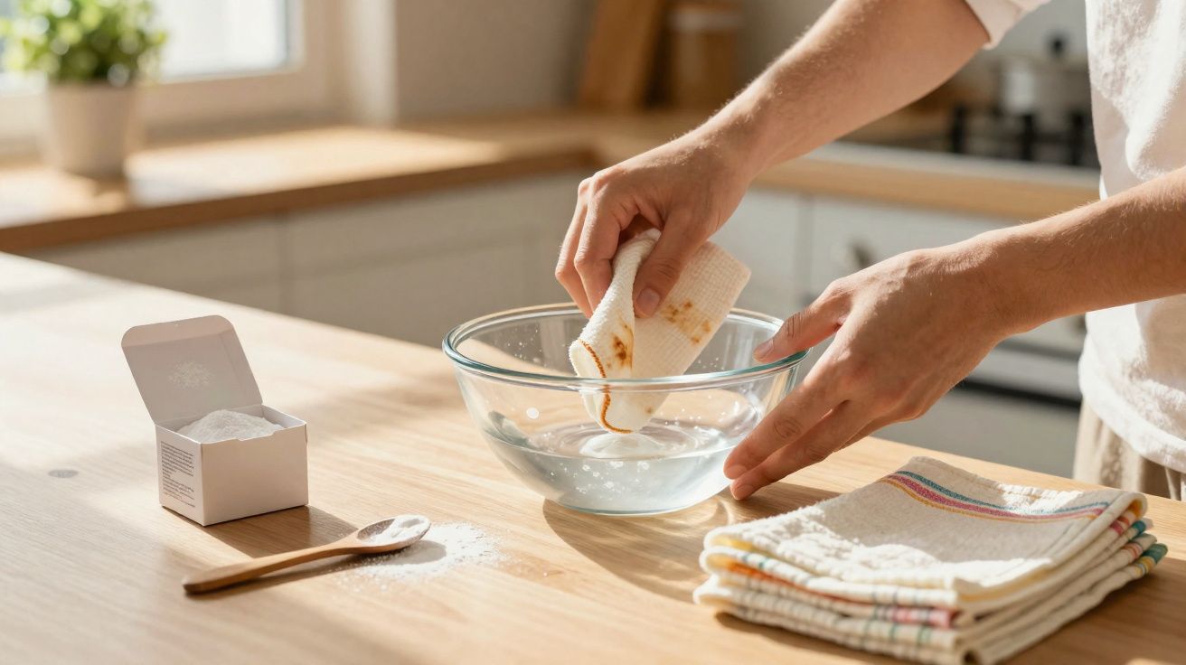 Pessoa espremendo pano sujo em bacia com água em cozinha iluminada e caixa de bicarbonato na bancada.