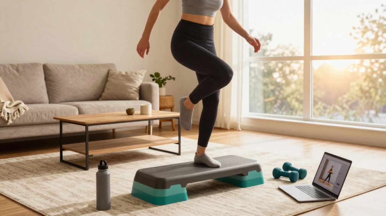 Pessoa realizando exercício de step em sala de estar, com garrafa, halteres e vídeo de treino no laptop.