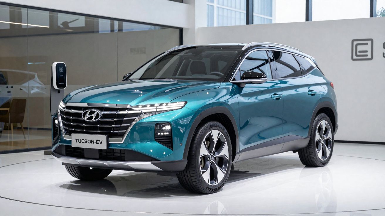 SUV elétrico Hyundai Tucson EV azul exibido em showroom moderno.