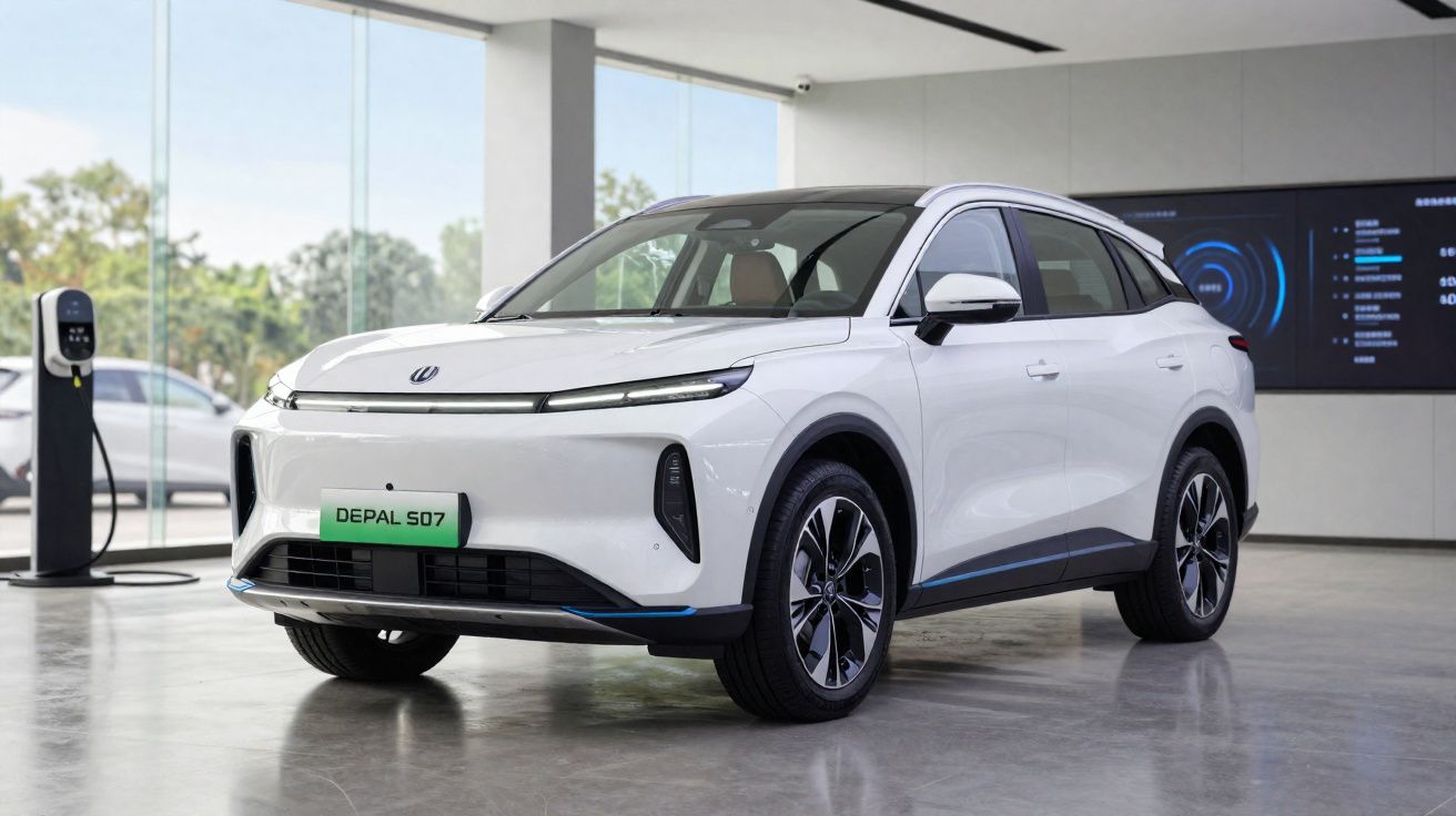 Carro elétrico branco Depal S07 estacionado em showroom moderno com parede de vidro e estação de recarga.