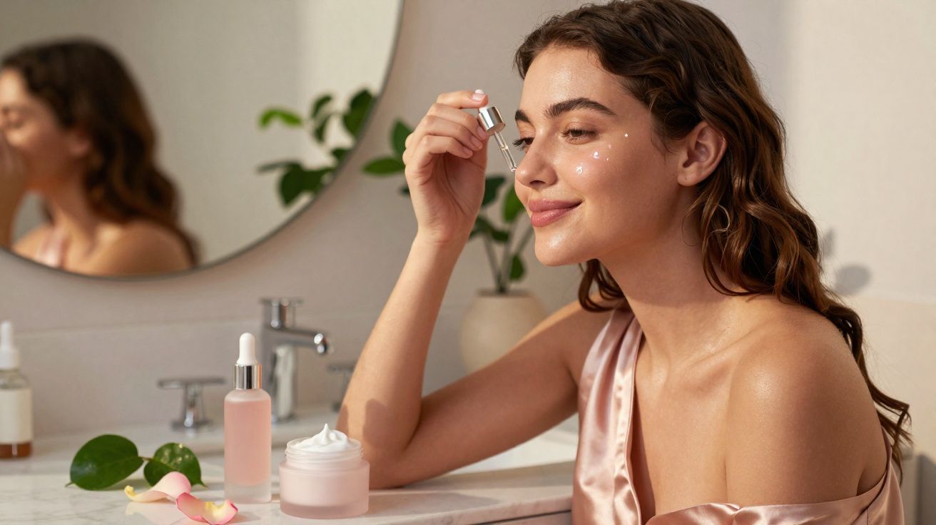 Mulher aplicando serum facial com conta-gotas em banheiro moderno e iluminado.