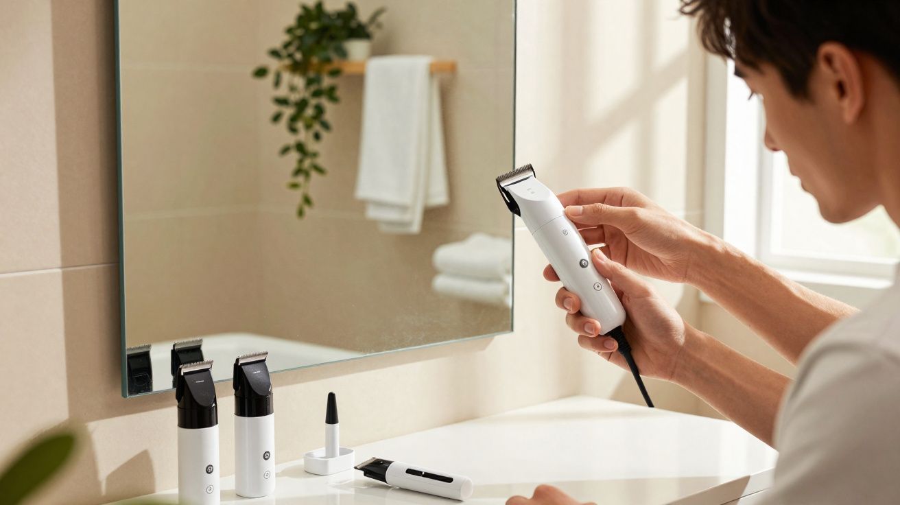 Homem segurando aparador de cabelo branco em frente ao espelho no banheiro com outros aparadores na bancada.