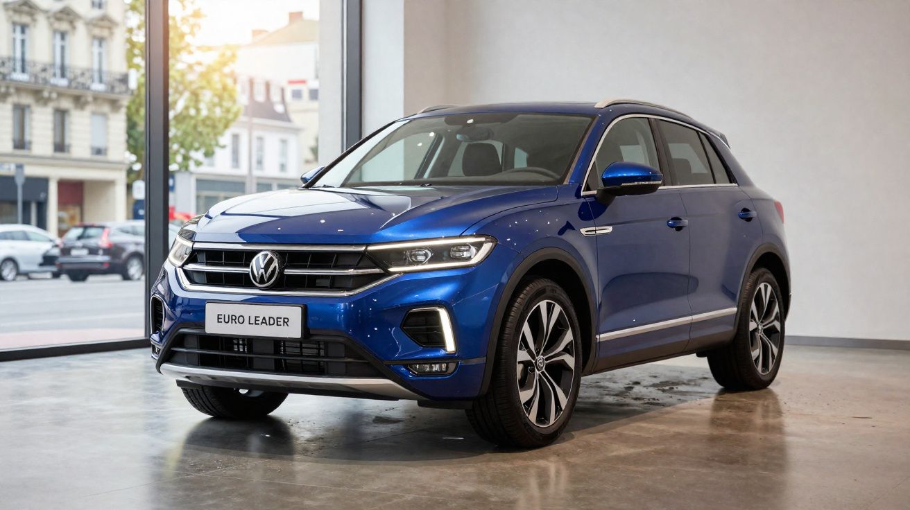 Carro SUV Volkswagen azul modelo Euro Leader estacionado dentro de showroom com janela ao fundo.