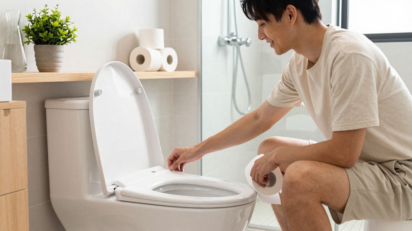 Homem sorridente senta no banheiro segurando papel higiênico e puxando a descarga do vaso sanitário.