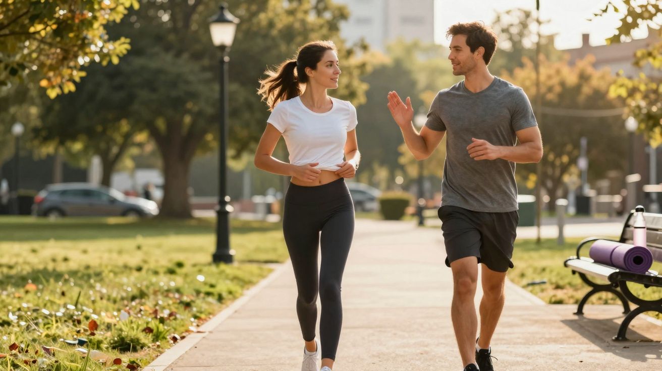 Casal jovem correndo e conversando em parque urbano ensolarado, com árvores e banco ao fundo.