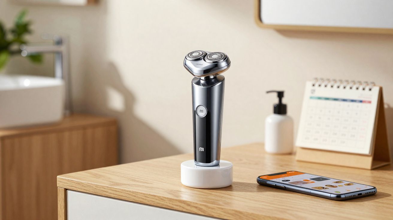 Aparador de barba elétrico com base branca, celular, dispenser e calendário em bancada de madeira.