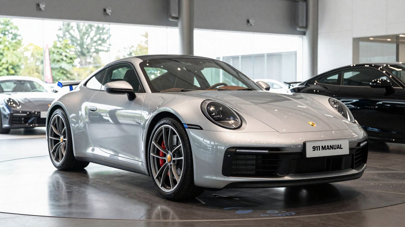 Carro esportivo Porsche 911 prata exibido em showroom moderno com outras viaturas ao fundo.