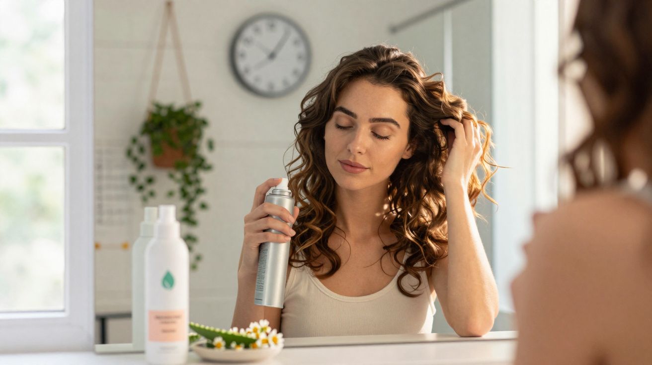 Mulher aplicando spray nos cabelos cacheados em frente ao espelho em banheiro iluminado.