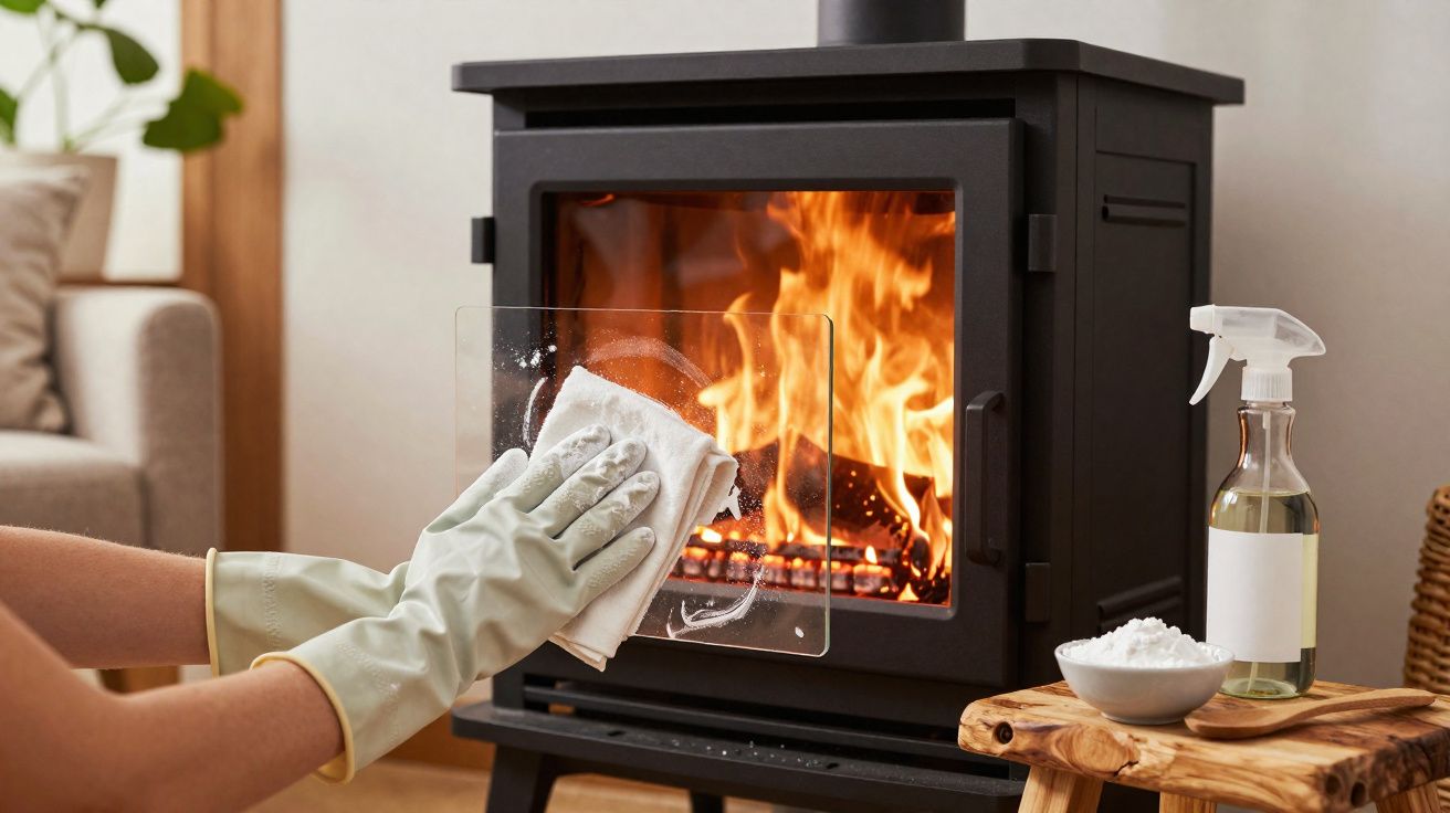 Pessoa com luvas limpando vidro de lareira acesa, com produto de limpeza e bicarbonato em cima de mesa ao lado.