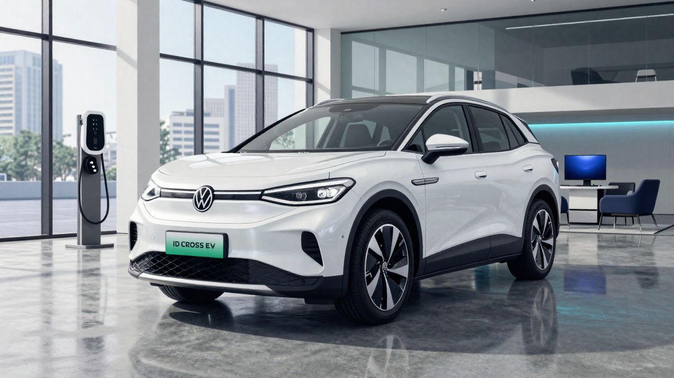 Carro elétrico Volkswagen branco modelo ID Cross EV em showroom moderno com estação de recarga ao lado.