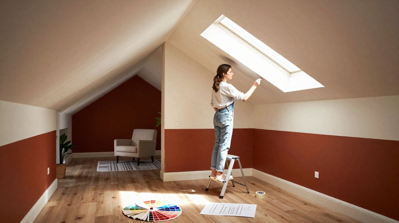 Mulher pintando janela de teto em sótão com parede vermelha e branca, usando escada e teste de cores no chão.