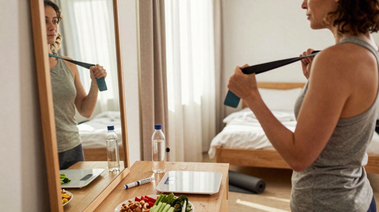 Mulher fazendo exercício com elástico de resistência em quarto, perto de mesa com frutas, balança e água.