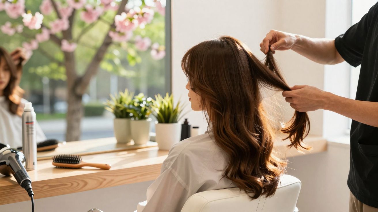 Cliente sentada em cadeira de salão recebendo cuidados no cabelo de cabeleireiro em ambiente iluminado.