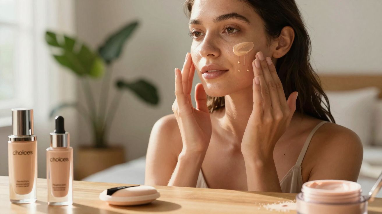 Mulher aplicando maquiagem líquida no rosto, com produtos de beleza sobre a mesa à frente.