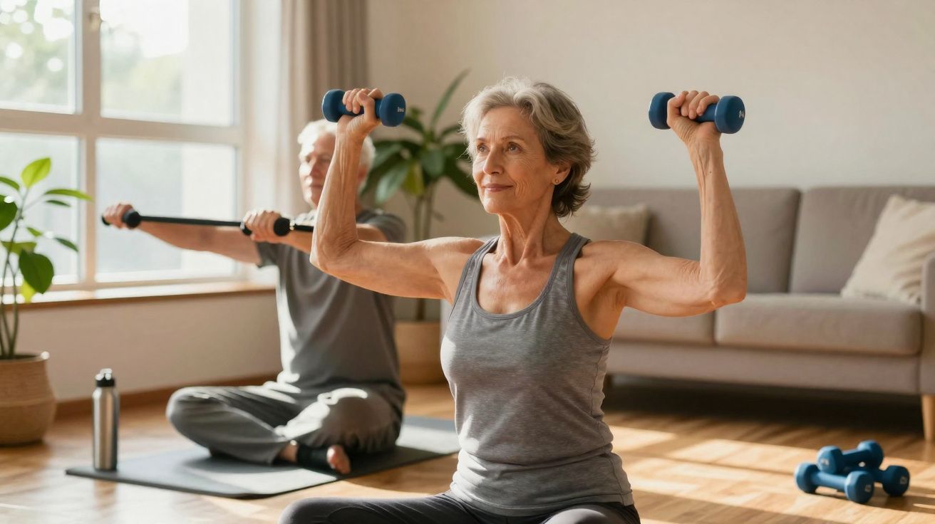 Idosos fazendo exercícios de braço sentados no tapete em sala iluminada e arejada.