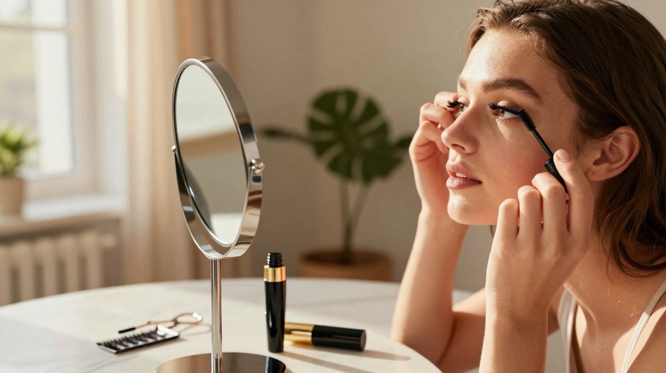 Jovem aplicando rímel nos cílios em frente a espelho de mesa com planta ao fundo e luz natural.