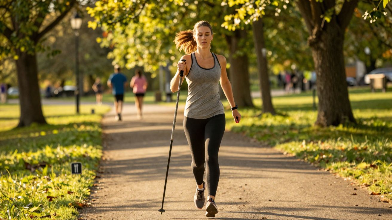 Mulher caminhando com bastão de caminhada rápida em parque ensolarado com árvores e pessoas ao fundo.
