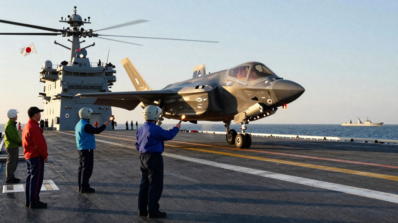 Fuzileiros navais orientam o pouso de um caça F-35 em porta-aviões japonês no mar.