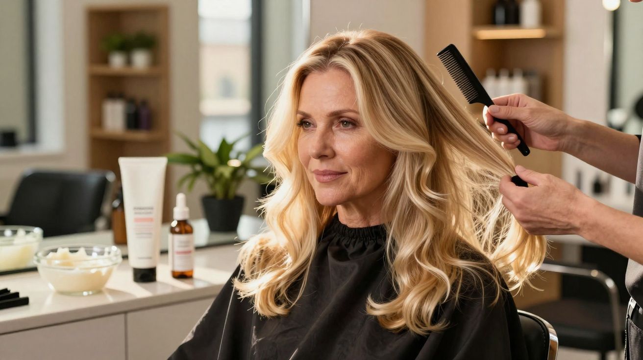 Mulher loira de meia-idade recebendo penteado em salão de beleza, sentada com capa preta.