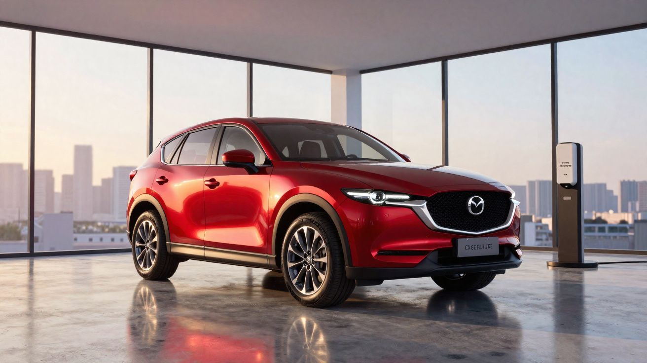 Carro SUV vermelho Mazda CX-60 estacionado em garagem moderna com paredes de vidro e carregador elétrico ao fundo.