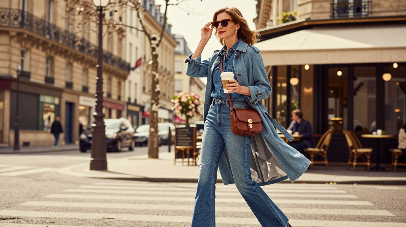 Mulher elegante de casaco jeans, óculos escuros e bolsa marrom caminhando na rua com café na mão.