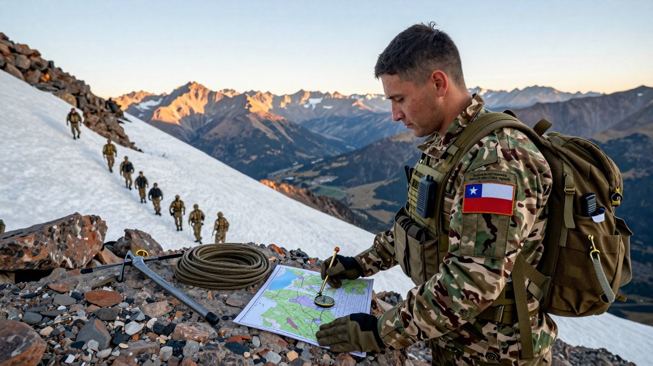 Militar chileno com uniforme camuflado estudando mapa em montanha nevada ao pôr do sol.