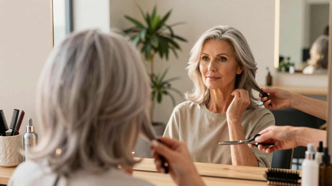Mulher madura com cabelo grisalho fazendo corte de cabelo em salão, olhando seu reflexo no espelho.