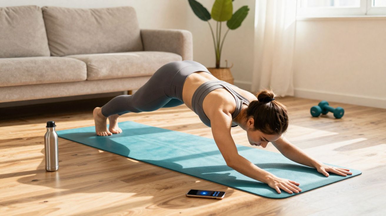 Mulher fazendo alongamento no tapete de yoga em sala iluminada com sofá, planta e halteres ao fundo.