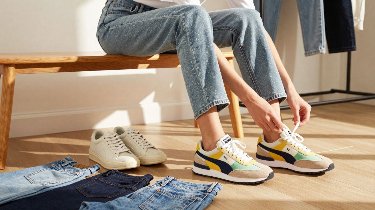 Pessoa sentada amarrando tênis colorido, perto de jeans e outro par de tênis branco no chão.