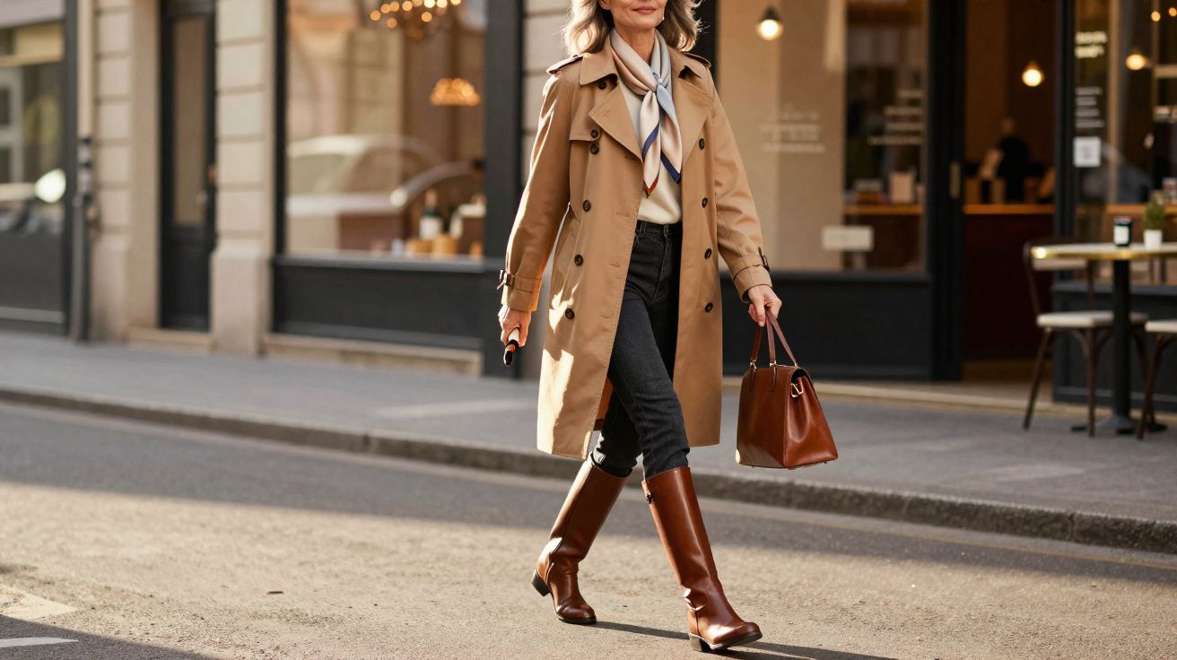 Mulher elegante caminhando na rua com casaco bege, botas marrons e bolsa de mão marrom.