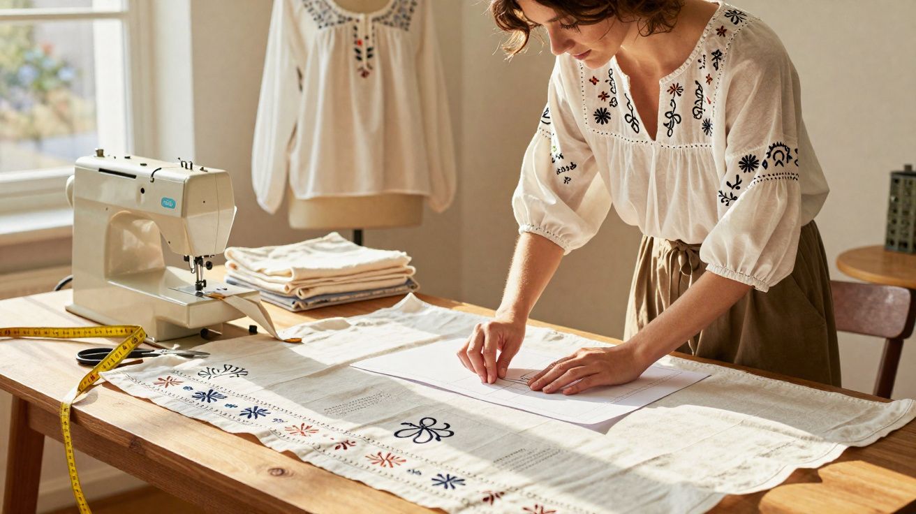 Mulher usando blusa bordada branca desenha molde sobre tecido na mesa com máquina de costura.