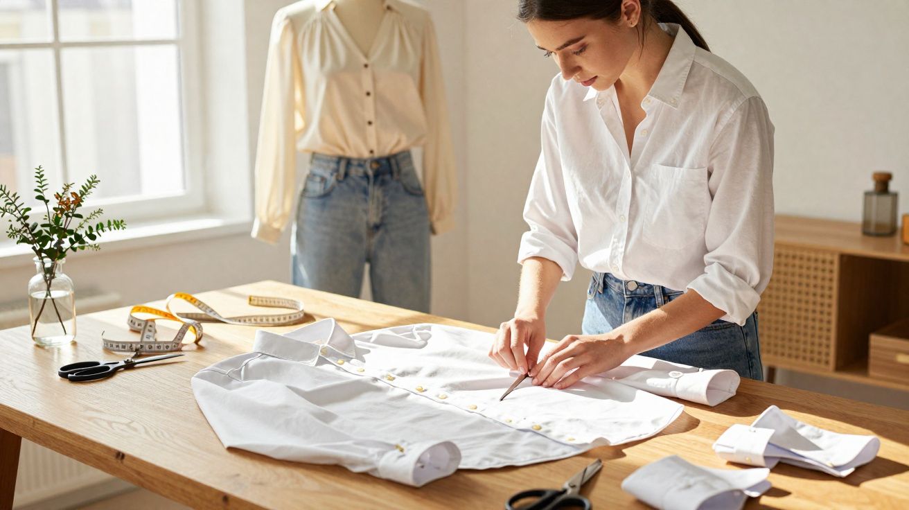 Mulher vestindo camisa branca trabalhando em camisa sobre a mesa em estúdio de moda iluminado pela janela.