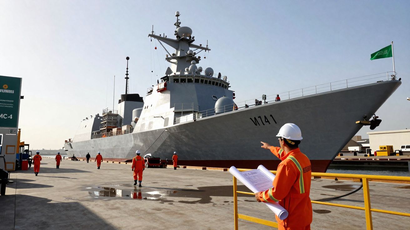 Homem com capacete branco e roupa laranja aponta para grande navio militar cinza atracado em porto industrial.