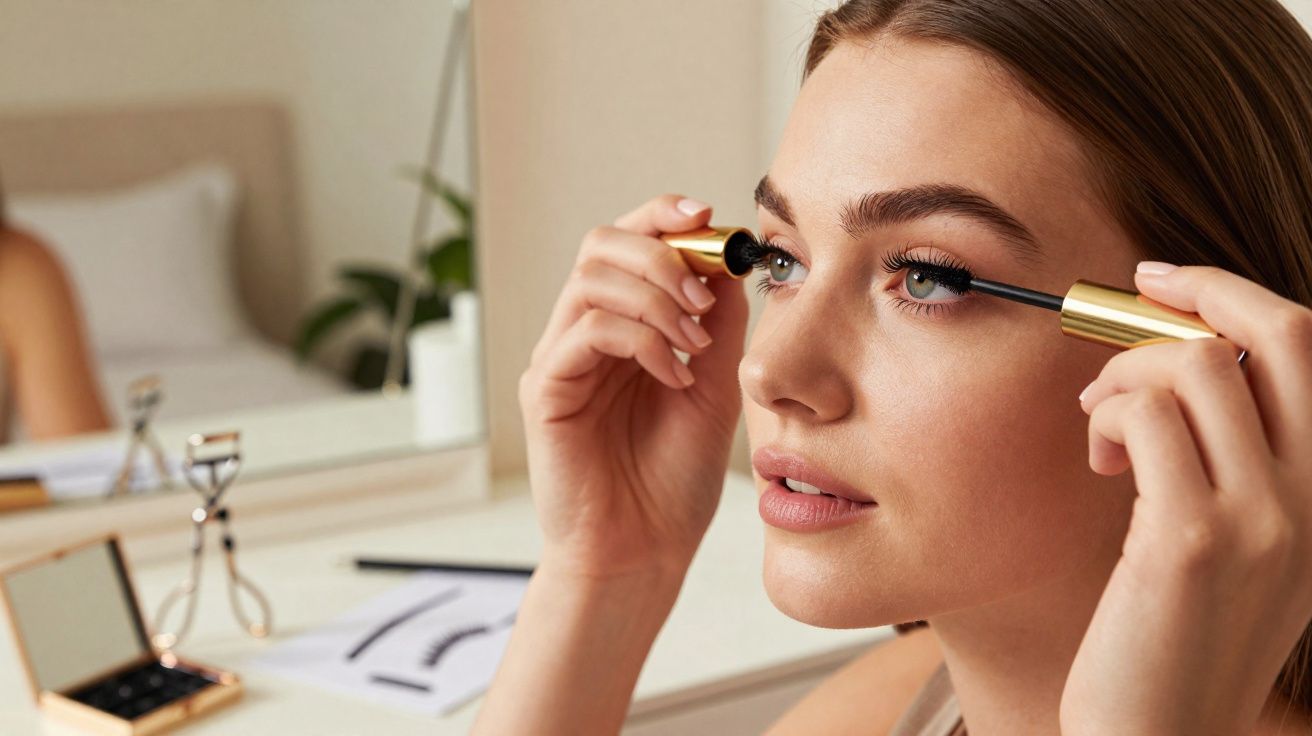 Mulher aplicando rímel nos cílios em frente ao espelho em ambiente claro e organizado.