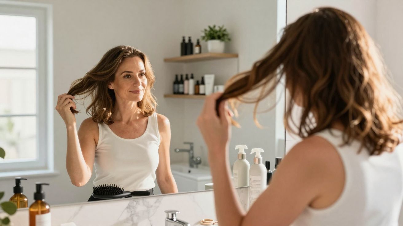 Mulher sorrindo olhando para o cabelo no espelho em banheiro com produtos de cuidado pessoal.
