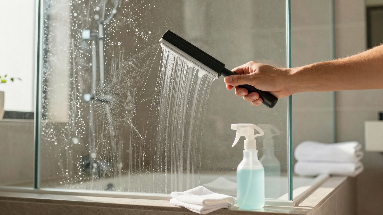 Pessoa limpando vidro do box do banheiro com raspador, ao lado borrifador e toalhas brancas.