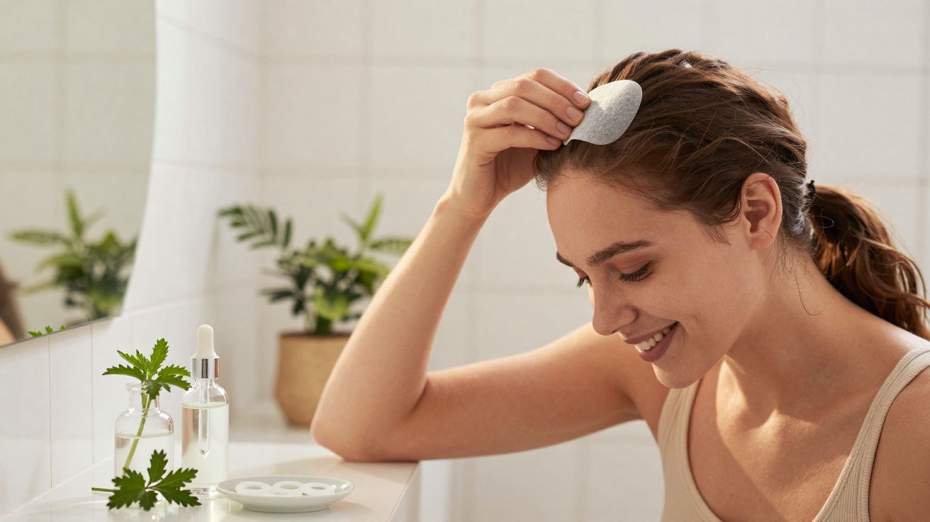 Mulher usando disco facial para limpeza da pele em banheiro com plantas ao fundo.