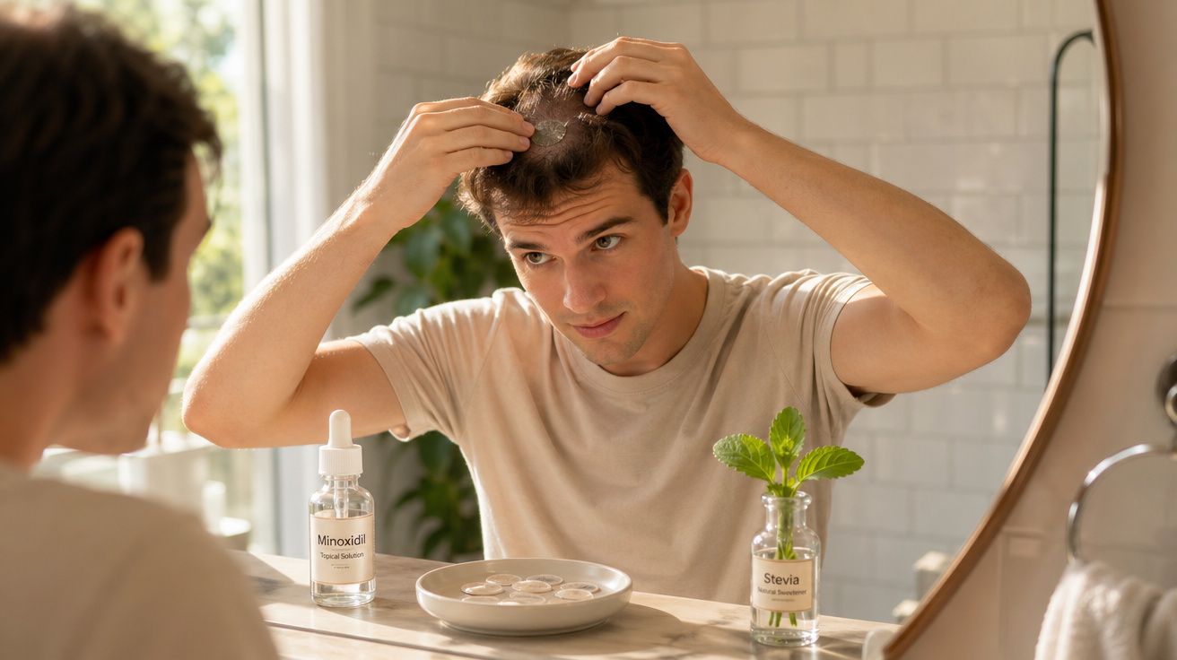 Homem checando cabelos na frente do espelho com frasco de Minoxidil na bancada do banheiro.