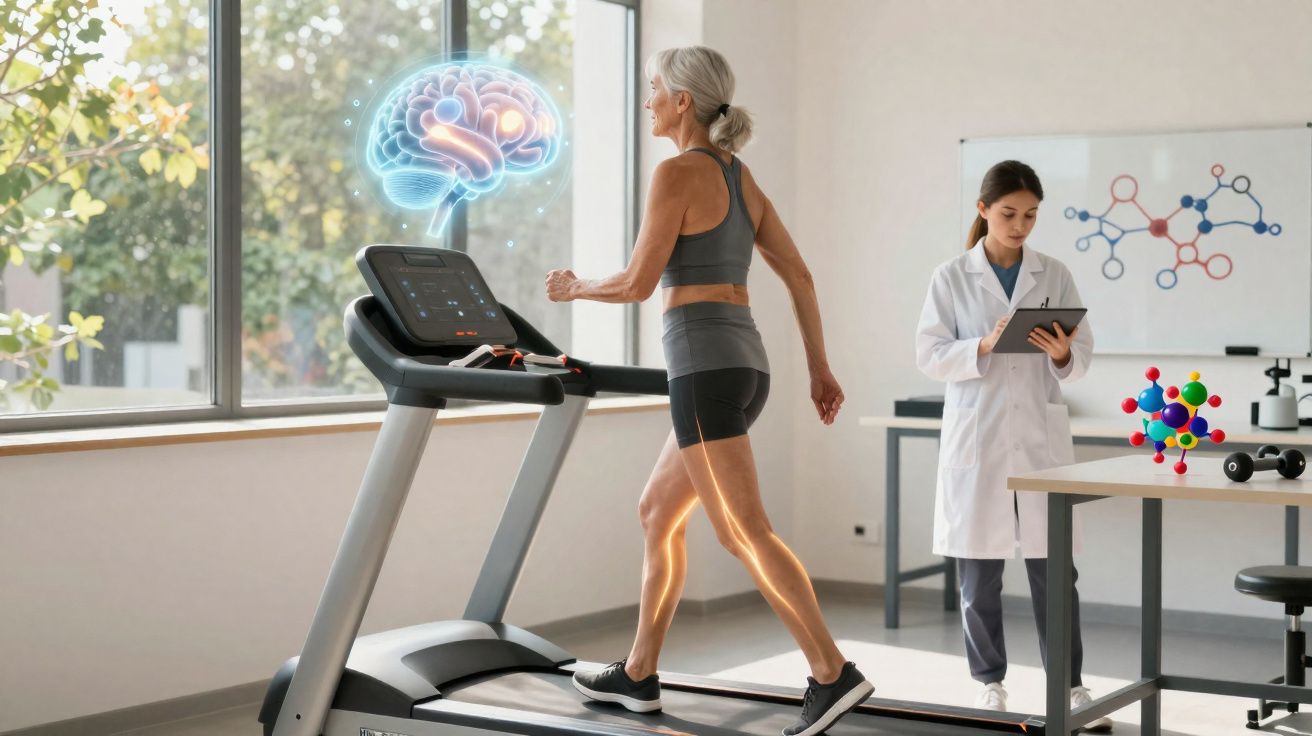 Mulher idosa caminhando em esteira com sobreposição digital de cérebro, supervisão médica em laboratório moderno.