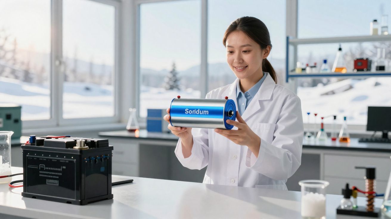 Mulher cientista segura célula eletroquímica de sódio em laboratório moderno com neve na janela.