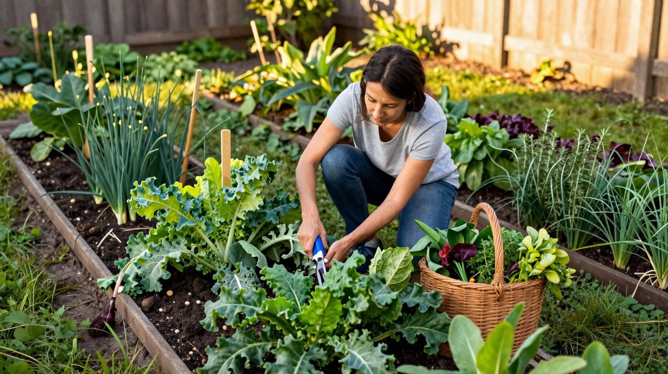 Mulher colhendo folhas verdes em horta caseira com cesta cheia de verduras ao lado.