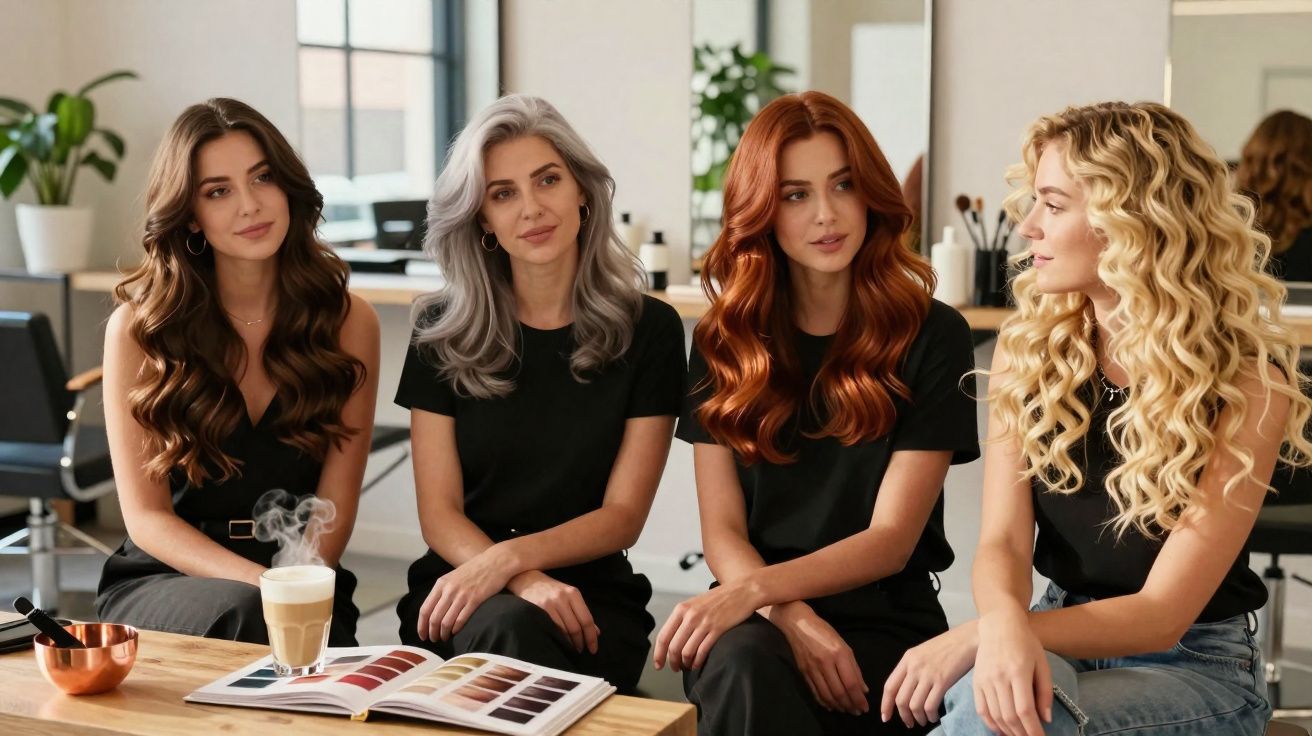 Quatro mulheres com cabelos longos e ondulados sentadas em salão, com catálogo de cores e café na mesa.