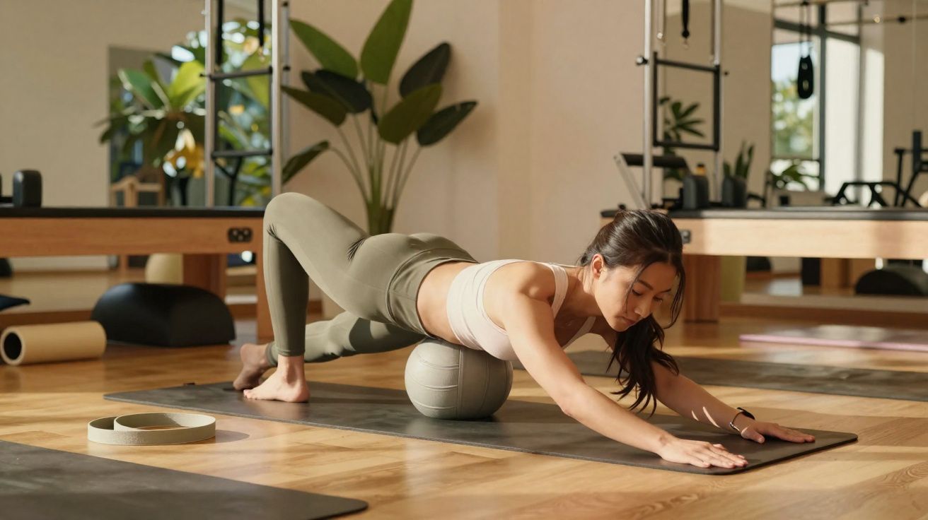 Mulher fazendo alongamento no chão sobre bola de pilates em estúdio com piso de madeira e plantas ao fundo.