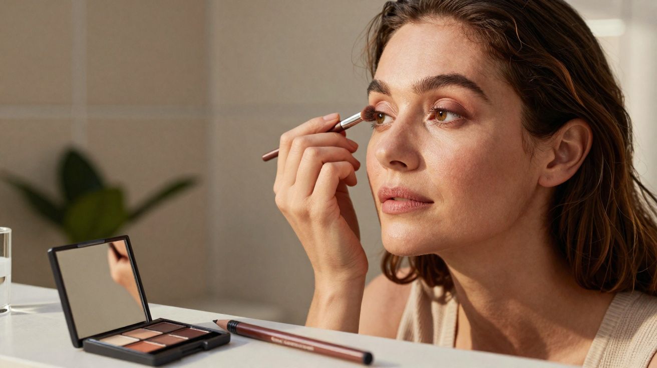 Mulher aplicando sombra marrom nos olhos com pincel, ao lado de paleta de maquiagem e lápis.