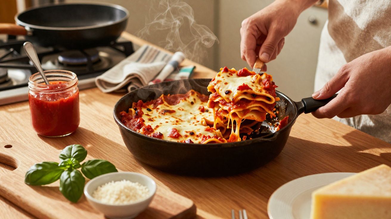 Pessoa servindo lasanha quente com queijo derretido em frigideira sobre bancada de madeira.