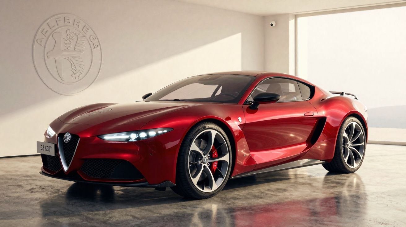 Carro esportivo vermelho Alfa Romeo Quadrifoglio estacionado em ambiente interno iluminado.