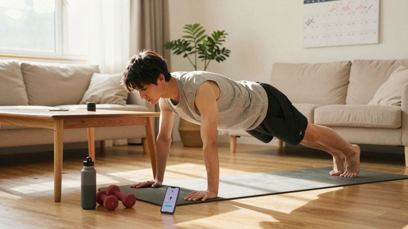 Pessoa fazendo flexão no tapete de treino em sala com halteres e garrafa ao lado e celular no chão.