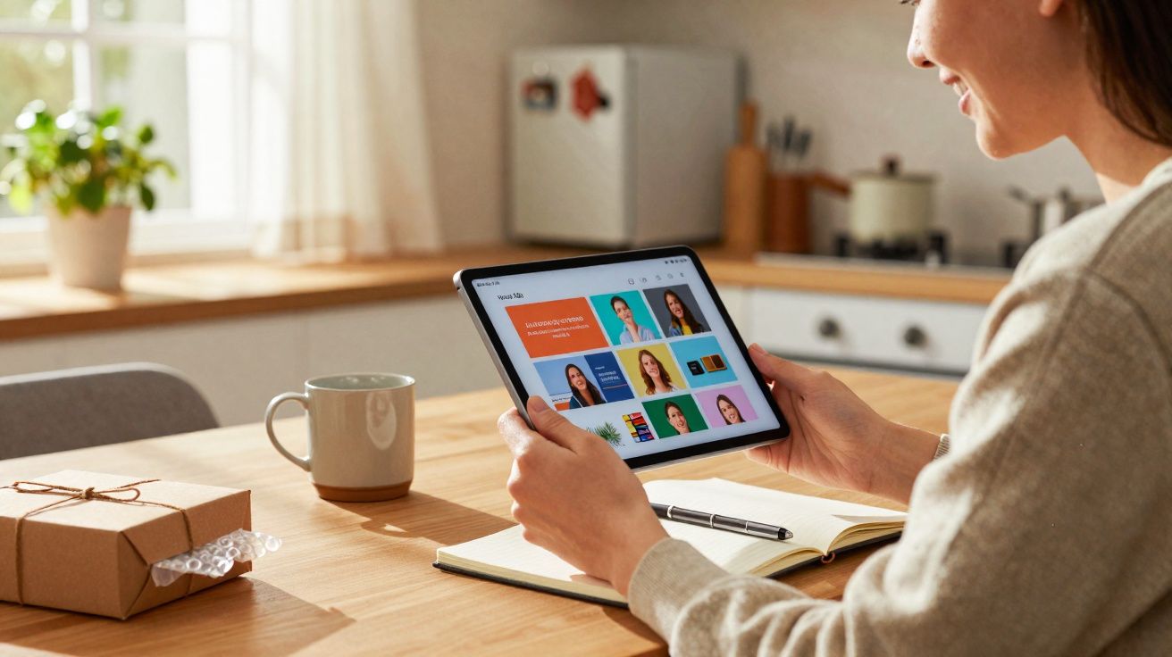Pessoa sentada à mesa segurando tablet com vídeo chamada e caderno aberto ao lado em ambiente claro.