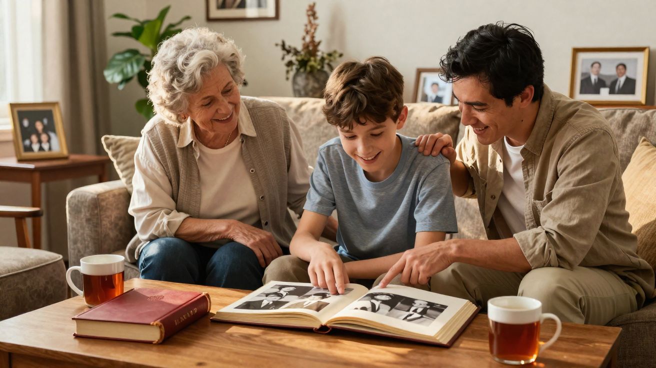Três gerações de uma família reunidas, olhando fotos antigas em um álbum na sala de estar.
