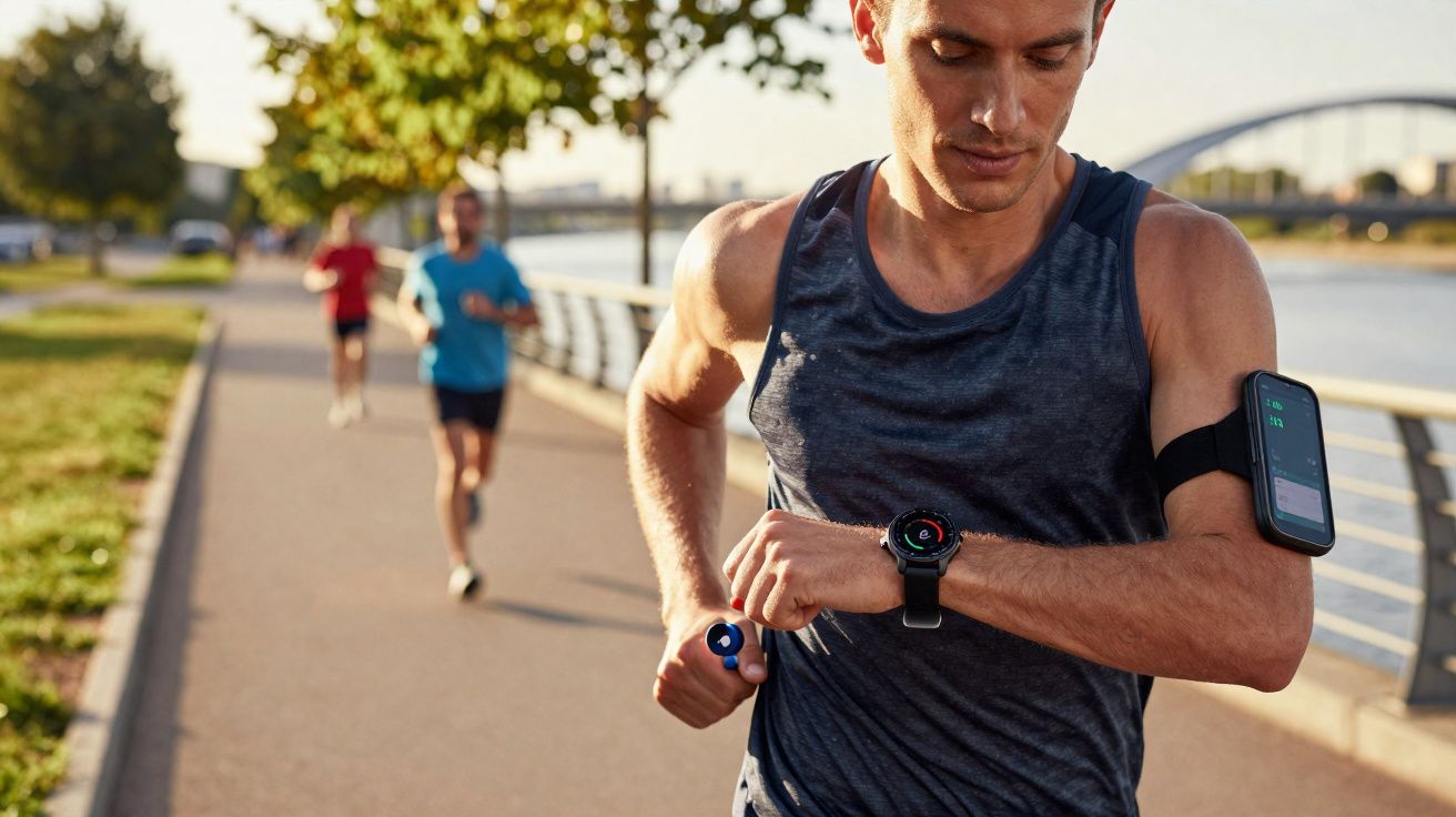Homem correndo em parque ao lado de rio usando relógio e braçadeira com celular para monitorar atividade.